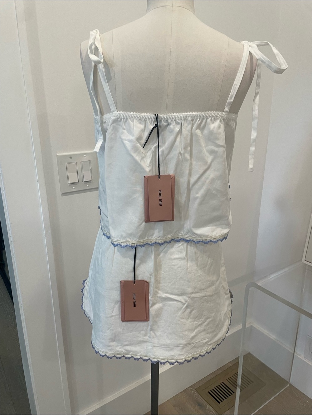 Miu Miu Women's White Tie-Shoulder Cotton Set-Sz 38 - Picture 9 of 16